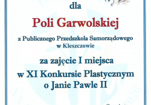 Dyplom dla Poli Garwolskiej za zajęcie I miejsca
